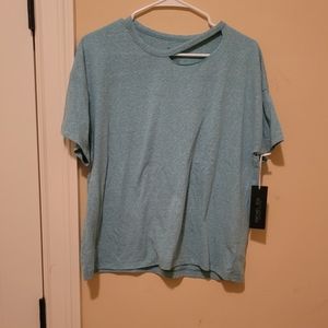 NWT Rachel Zoe Turquoise Aqua Blue White Round Neck Activewear Shirt Top Blouse